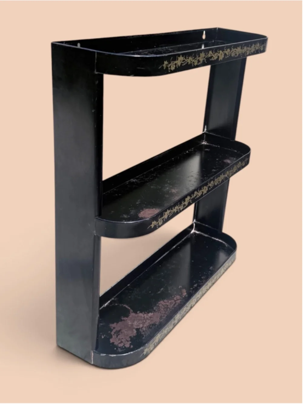 Vintage Black Metal Wall Shelf 3 Tier Gold Ivy Spice Rack Chippy Patina Cottage